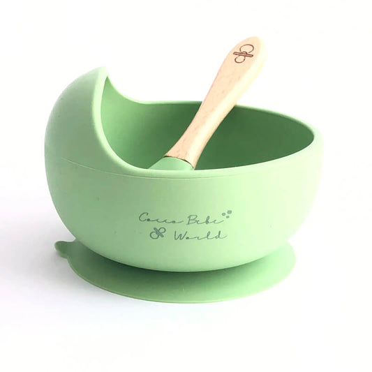 Bowl De Silicona Con Cuchara De Madera - Verde