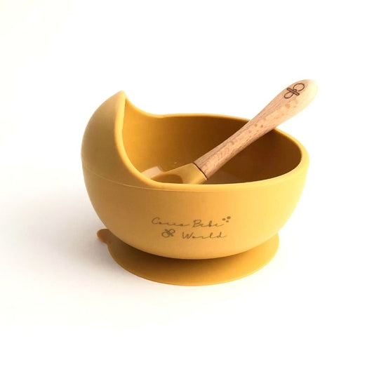 Bowl De Silicona Con Cuchara De Madera - Mostaza