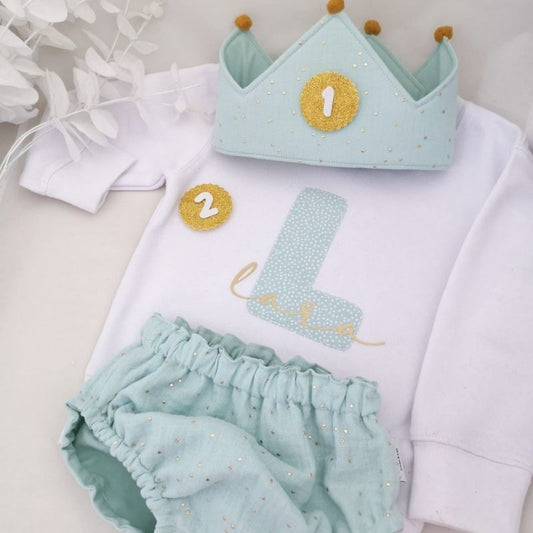 Conjunto Corona, Sudadera y Cubrepañal Muselina Mint