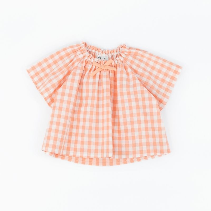 Blusa Vichy Blanco y Mandarina Escote Fruncido