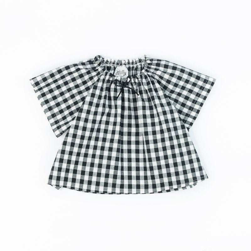 Blusa Vichy Blanco y Negro Escote Fruncido